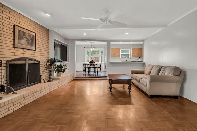 11406 Drummond Dr, Dallas, TX 75228 - living area with a ceiling fan, a brick fireplace, and crown molding