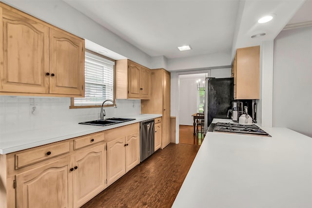 11406 Drummond Dr, Dallas, TX 75228 - kitchen with a sink, appliances with stainless steel finishes, light countertops, dark wood finished floors, and tasteful backsplash
