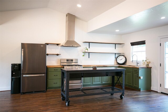 360 Michael Ln, Sunnyvale, TX 75182 - kitchen featuring green cabinetry, stainless steel appliances, open shelves, wall chimney exhaust hood, and dark wood-style flooring