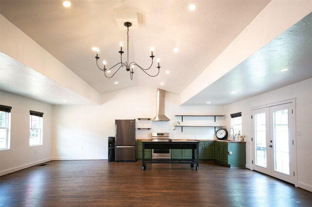 360 Michael Ln, Sunnyvale, TX 75182 - kitchen featuring appliances with stainless steel finishes, green cabinetry, wall chimney range hood, dark wood-style flooring, and recessed lighting