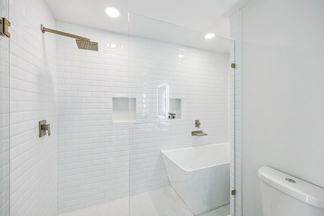 6607 Leameadow Dr, Dallas, TX 75248 - bathroom featuring tiled shower, toilet, recessed lighting, a freestanding bath, and tile patterned flooring