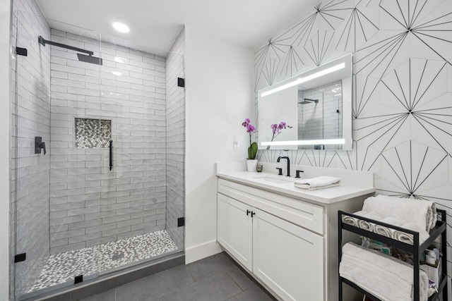 6607 Leameadow Dr, Dallas, TX 75248 - bathroom featuring a shower stall, vanity, tile patterned flooring, and recessed lighting