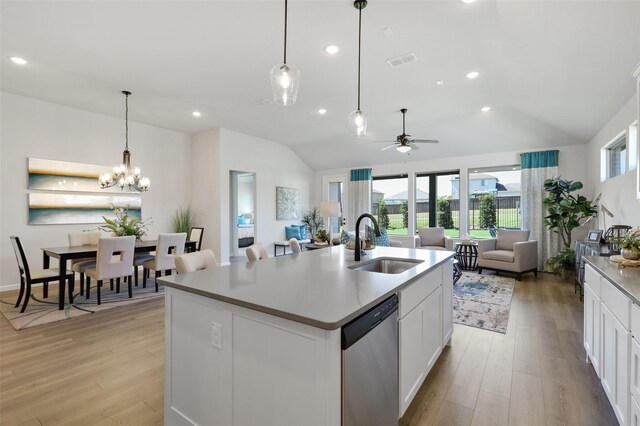 1417 Red Clover Ave, Van Alstyne, TX 75495 - kitchen featuring a sink, stainless steel dishwasher, vaulted ceiling, open floor plan, and ceiling fan