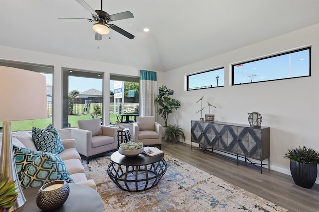 1417 Red Clover Ave, Van Alstyne, TX 75495 - living room featuring wood finished floors, plenty of natural light, baseboards, high vaulted ceiling, and recessed lighting