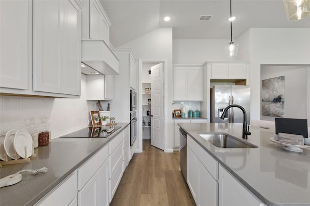 1417 Red Clover Ave, Van Alstyne, TX 75495 - kitchen with stainless steel appliances, a sink, white cabinets, tasteful backsplash, and vaulted ceiling