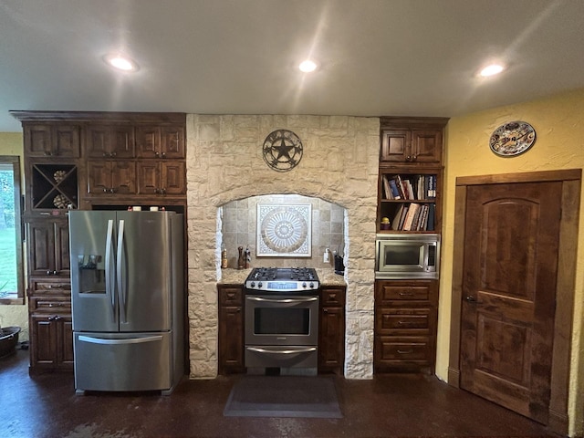2250 Vz County Road 2301, Canton, TX 75103 - kitchen with stainless steel appliances, dark brown cabinets, recessed lighting, open shelves, and light stone counters