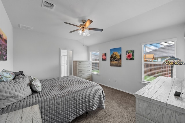 3128 Autry Rd, Lorena, TX 76655 - bedroom featuring dark colored carpet, vaulted ceiling, a ceiling fan, and baseboards