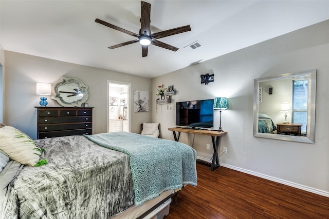 4920 Brookhollow Dr, Sachse, TX 75048 - bedroom featuring baseboards, wood finished floors, a ceiling fan, and ensuite bathroom