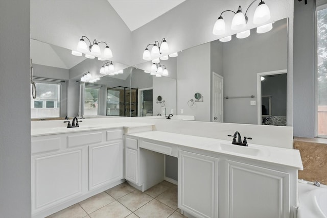 313 Owen Oaks Dr, Lake Dallas, TX 75065 - bathroom with lofted ceiling, tile patterned flooring, double vanity, a shower with door, and a bath