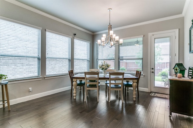 6929 Heather Ln, North Richland Hills, TX 76182 - dining space featuring a chandelier, healthy amount of natural light, baseboards, ornamental molding, and dark wood finished floors