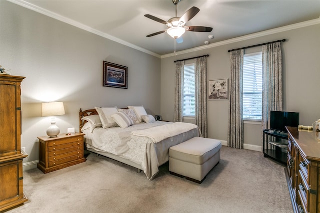 6929 Heather Ln, North Richland Hills, TX 76182 - bedroom featuring light colored carpet, baseboards, ornamental molding, and a ceiling fan