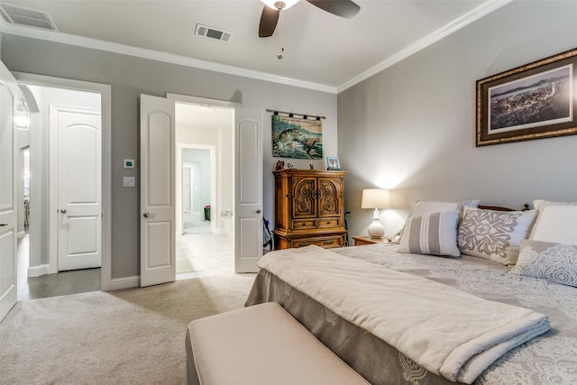 6929 Heather Ln, North Richland Hills, TX 76182 - bedroom featuring light colored carpet, crown molding, baseboards, and a ceiling fan