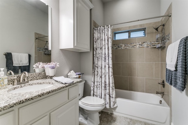 6929 Heather Ln, North Richland Hills, TX 76182 - full bathroom with vanity, toilet, and shower / bathtub combination with curtain