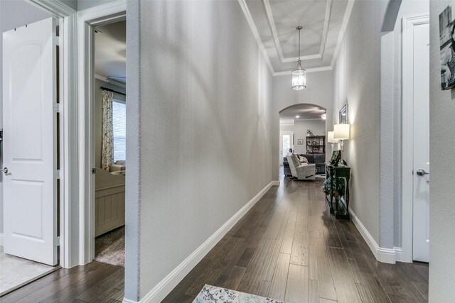6929 Heather Ln, North Richland Hills, TX 76182 - hallway with arched walkways, crown molding, plenty of natural light, dark wood-style flooring, and baseboards