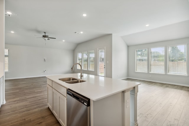 1426 Red Clover Ave, Van Alstyne, TX 75495 - kitchen featuring dishwasher, open floor plan, a sink, vaulted ceiling, and wood finished floors