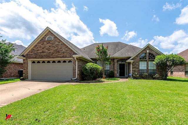 6008 Pepperwood Cir, Bossier City, LA 71111 - view of front of house featuring an attached garage, brick siding, concrete driveway, a front lawn, and a shingled roof