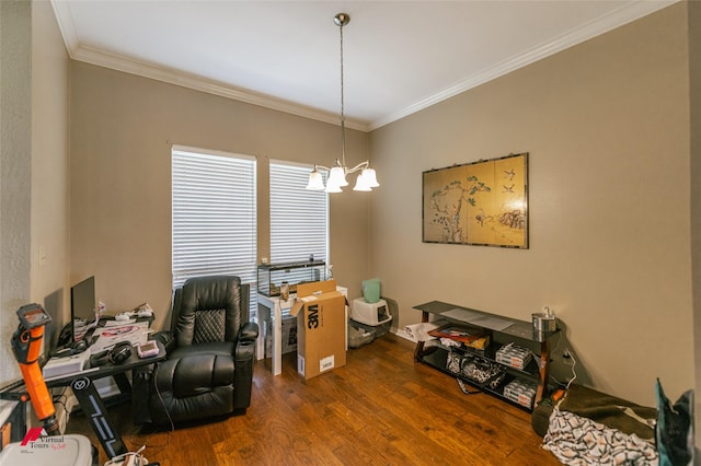 6008 Pepperwood Cir, Bossier City, LA 71111 - office featuring wood finished floors, crown molding, and a chandelier