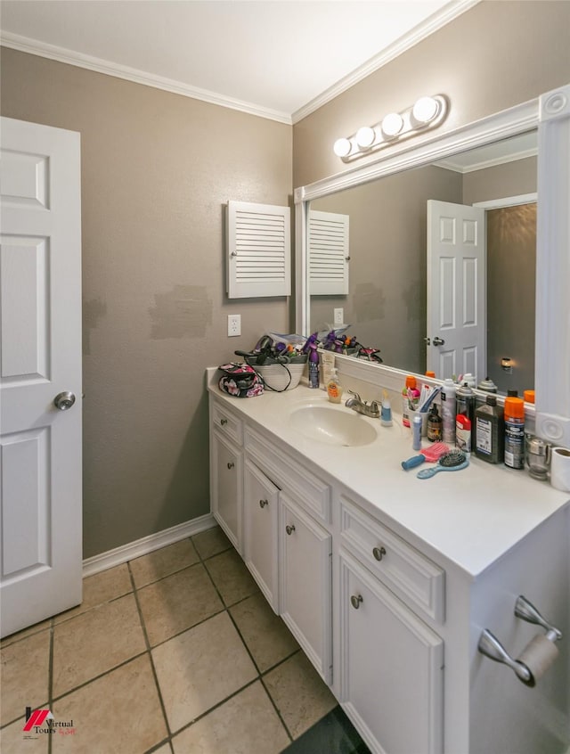 6008 Pepperwood Cir, Bossier City, LA 71111 - bathroom featuring ornamental molding, vanity, tile patterned flooring, and baseboards