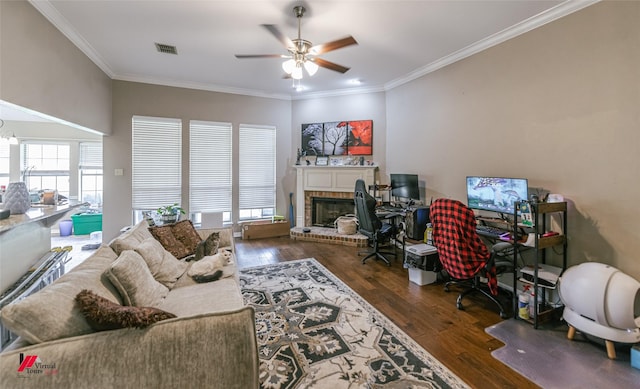 6008 Pepperwood Cir, Bossier City, LA 71111 - living area featuring wood-type flooring, a ceiling fan, a fireplace, an office area, and ornamental molding