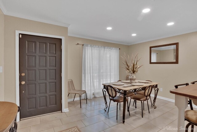 9346 Shartel Dr, Shreveport, LA 71118 - dining space with recessed lighting, crown molding, and light tile patterned floors