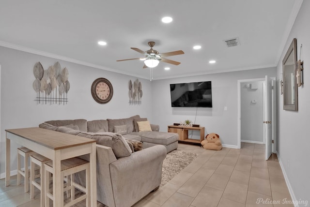 9346 Shartel Dr, Shreveport, LA 71118 - living area with ceiling fan, recessed lighting, crown molding, and light tile patterned floors