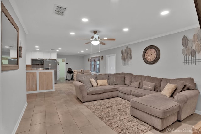 9346 Shartel Dr, Shreveport, LA 71118 - living room featuring ceiling fan, crown molding, recessed lighting, and light tile patterned floors
