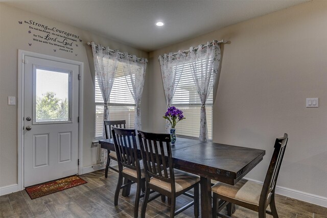 1541 Seabiscuit Dr, Granbury, TX 76049 - dining room with healthy amount of natural light, dark wood finished floors, baseboards, and recessed lighting