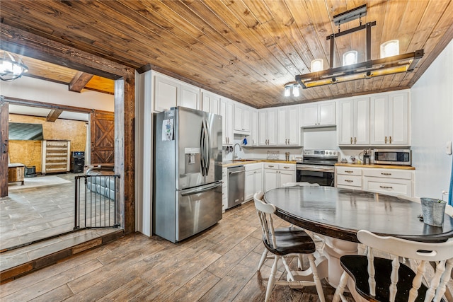 2283 US Highway 281 N, Jacksboro, TX 76458 - kitchen featuring stainless steel appliances, wooden ceiling, wood-type flooring, a sink, and white cabinets