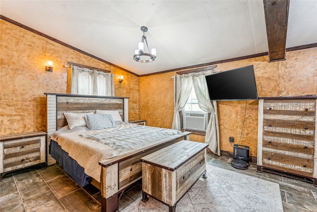 2283 US Highway 281 N, Jacksboro, TX 76458 - bedroom featuring lofted ceiling, cooling unit, a chandelier, and ornamental molding