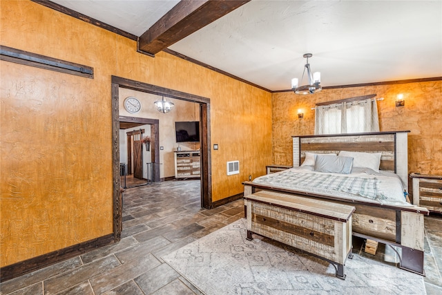 2283 US Highway 281 N, Jacksboro, TX 76458 - bedroom with stone tile flooring, a chandelier, beamed ceiling, baseboards, and crown molding