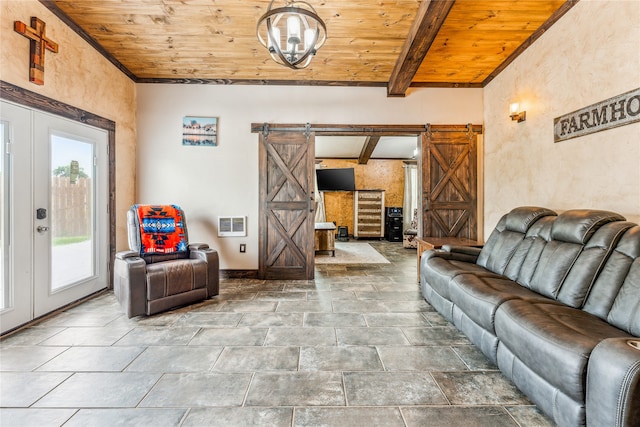 2283 US Highway 281 N, Jacksboro, TX 76458 - living room featuring a barn door, wood ceiling with exposed beams, french doors, and baseboards
