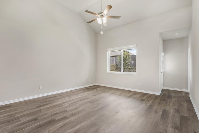 10620 Stag Ln, Fort Worth, TX 76036 - unfurnished room featuring ceiling fan, wood finished floors, baseboards, and high vaulted ceiling