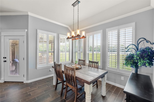 15070 Fm 916, Maypearl, TX 76064 - dining area featuring baseboards, a chandelier, wood finish floors, healthy amount of natural light, and crown molding