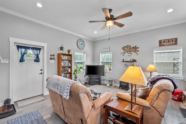 15070 Fm 916, Maypearl, TX 76064 - living area with a ceiling fan, crown molding, recessed lighting, wood finished floors, and baseboards