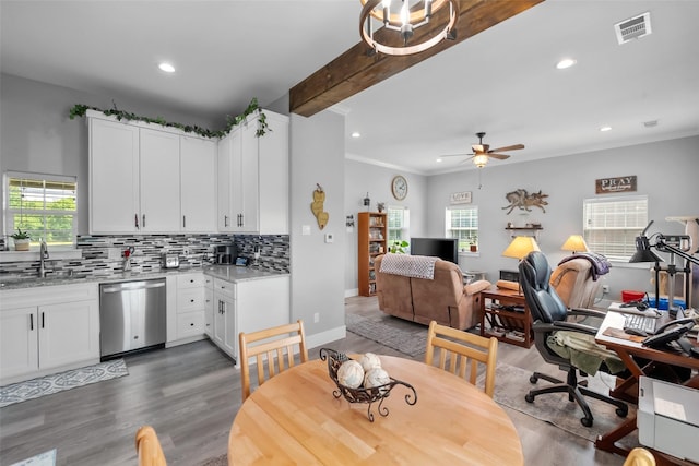 15070 Fm 916, Maypearl, TX 76064 - dining room with plenty of natural light, recessed lighting, ceiling fan, wood finished floors, and ornamental molding