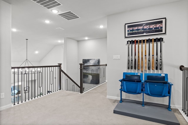 16471 Prairie Oak Rd, Frisco, TX 75033 - hall featuring carpet, recessed lighting, a chandelier, an upstairs landing, and baseboards