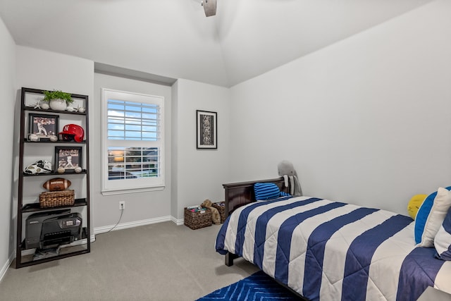 16471 Prairie Oak Rd, Frisco, TX 75033 - carpeted bedroom with baseboards, a ceiling fan, and vaulted ceiling