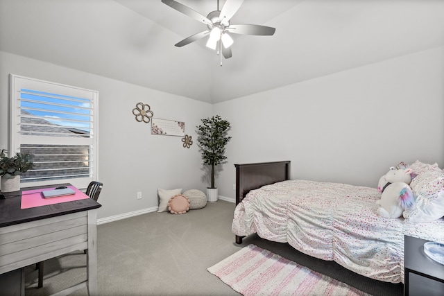 16471 Prairie Oak Rd, Frisco, TX 75033 - bedroom featuring carpet floors, an office area, baseboards, ceiling fan, and lofted ceiling