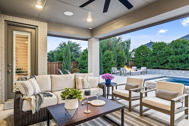 16471 Prairie Oak Rd, Frisco, TX 75033 - view of patio with an outdoor living space with a fire pit and a ceiling fan