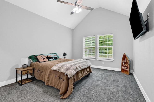 615 W Brock St, Denison, TX 75020 - bedroom featuring lofted ceiling, dark carpet, baseboards, and ceiling fan
