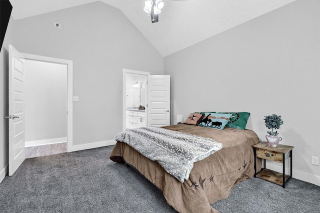 615 W Brock St, Denison, TX 75020 - bedroom with dark colored carpet, high vaulted ceiling, baseboards, ceiling fan, and ensuite bath
