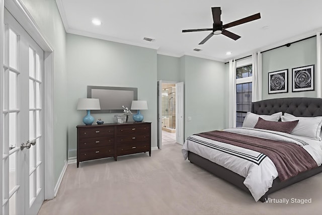 4000 Tumbril Ln, Plano, TX 75023 - carpeted bedroom featuring ornamental molding, baseboards, connected bathroom, recessed lighting, and ceiling fan