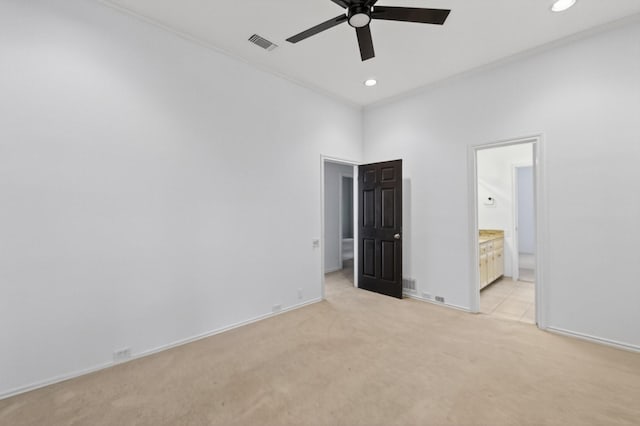 4000 Tumbril Ln, Plano, TX 75023 - unfurnished bedroom with light carpet, recessed lighting, baseboards, ensuite bathroom, and a ceiling fan
