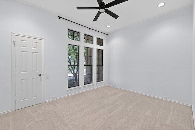 4000 Tumbril Ln, Plano, TX 75023 - unfurnished room featuring ceiling fan, light colored carpet, recessed lighting, baseboards, and crown molding