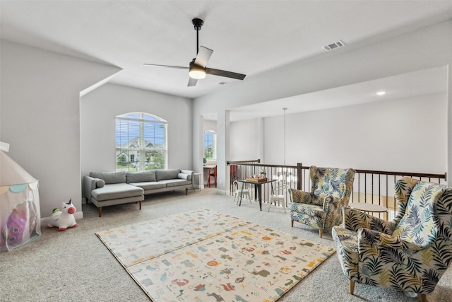 719 Forefront Ave, Celina, TX 75009 - sitting room featuring ceiling fan, carpet floors, and an upstairs landing