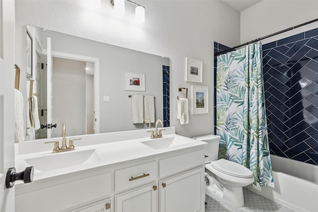 719 Forefront Ave, Celina, TX 75009 - bathroom featuring double vanity, toilet, shower / tub combo with curtain, and tile patterned flooring