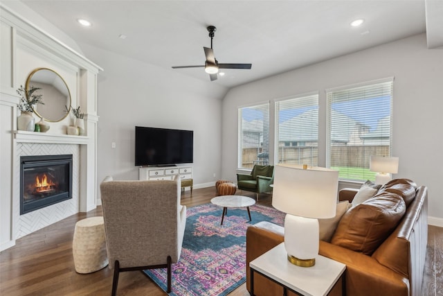 719 Forefront Ave, Celina, TX 75009 - living area with a ceiling fan, wood finished floors, a fireplace, baseboards, and recessed lighting