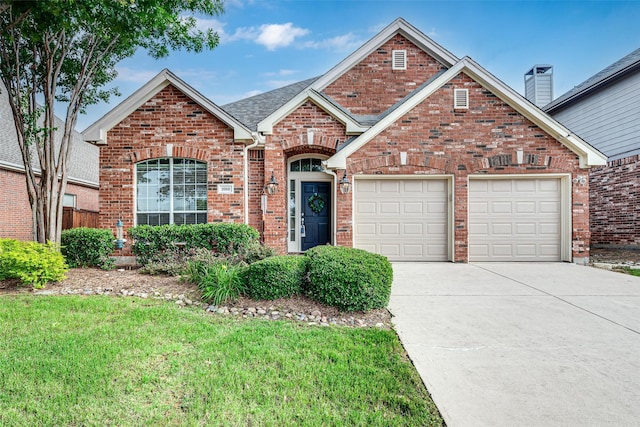 1060 Shepherd Ct, Lantana, TX 76226 - traditional home with brick siding, an attached garage, concrete driveway, and a front lawn