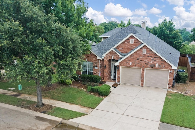 1060 Shepherd Ct, Lantana, TX 76226 - traditional-style home with brick siding, roof with shingles, concrete driveway, a front lawn, and a garage
