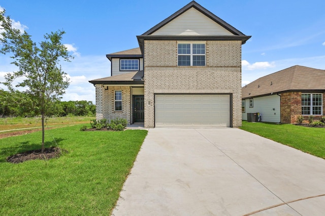 10605 Stag Ln, Fort Worth, TX 76036 - view of front facade featuring brick siding, an attached garage, concrete driveway, central AC unit, and a front lawn